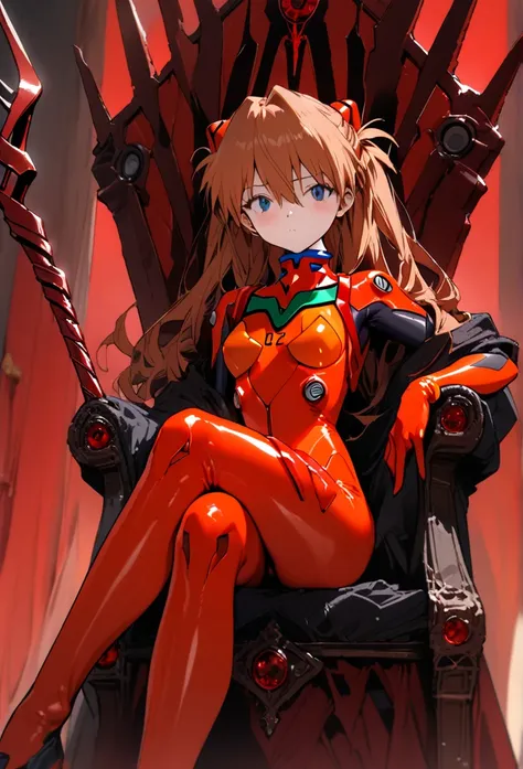    8k Wallpaper、  top quality、  high detail on the face、  masterpiece、 Soryu Asuka Langley , neon genesis    Evangelion,   red plug suit,    sitting, Red feathered throne、On the throne,  cross your legs ,   Lance of Longinus \\(   Evangelion\\),  Masterpie...