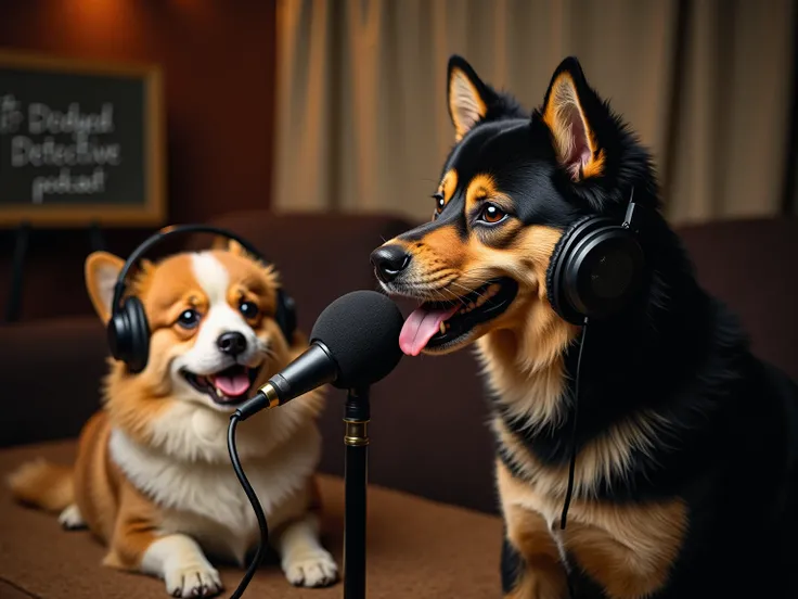 Set inside a cozy, well lit recording studio, 2 dogs record a podcast. The dog on the right is a black and brown Shiba Inu, wearing oversized, on-ear headphones, and speaking into a studio microphone. On the left is a very fluffy corgi wearing on-ear headp...