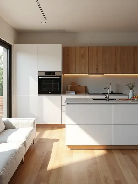 a modern kitchen with white and wooden cabinets complete modern. Located behind a living room showing a white  minimal sofa. Day light rays on wooden floor.