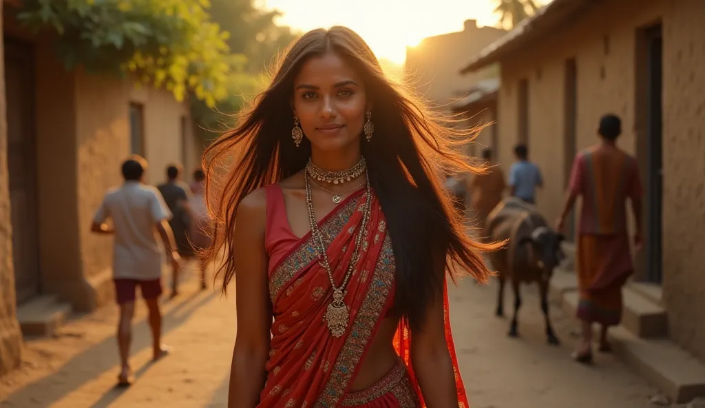 "An image of a beautiful 25-year-old Indian woman walking through a traditional village alley. She has long, flowing hair, warm brown skin, and a serene expression. She is dressed in a colorful traditional outfit, with intricate patterns and jewelry. The v...