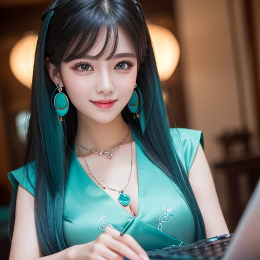 Masterpiece,  best quality ,  Ultra Details, illustration,( 1 girl), eyes drawn in beautiful detail,  Watch Your Audience, ( Hold up the computer keyboard ),  happy, ( turquoise hair:1), (Blue round eyes:1), (Round earrings), ( large turquoise jewelry neck...