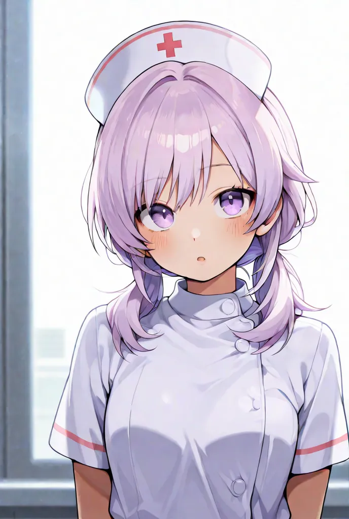 Everyday nurse clothes with long light purple hair and light purple eyes