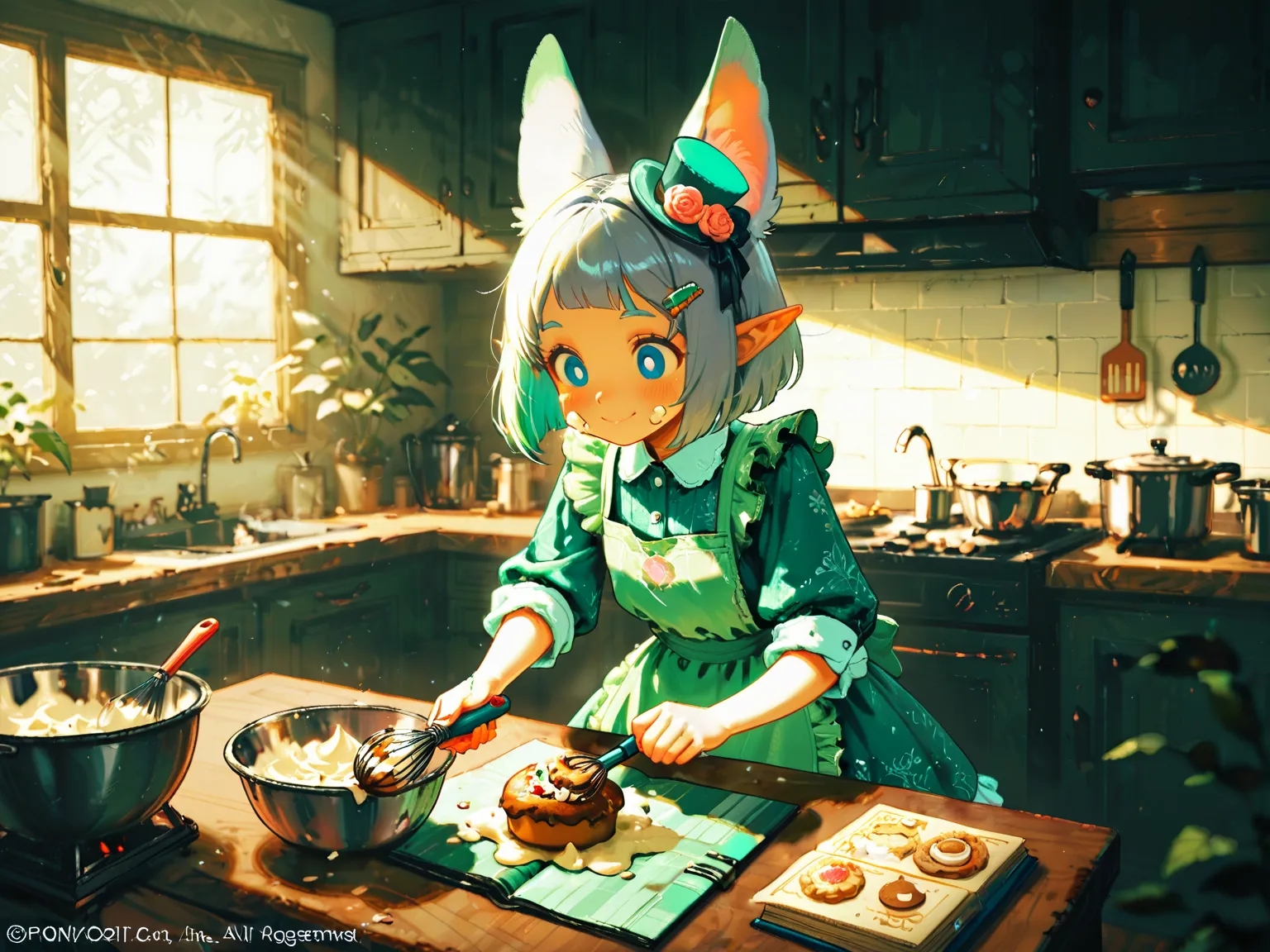 score_9, score_8_up, score_7_up, UHD, Masterpiece, amazing quality, very aesthetic, absurdres, ultra-detailed, 1girl\solo\(elf, pointed ear, silver bob cut,  mini hat\pink rose\lace, Intricate:1.3\Green leaf dress\frill, lace), (magic\wind & light magic:1....