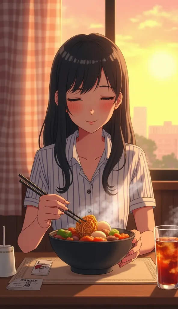  anime picture　smile　「 Japanese home cooking nikujaga 、Served in a porcelain bowl 、 bright amber-colored broth 、 The diced beef, potatoes, carrots, and konnyaku noodles shine。 Warm scene where steam rises 、 blur the Japanese kitchen into the background 、 S...