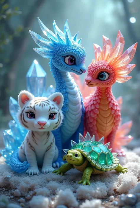 A cute blue dragon in crystal style、and、 cute crystal-like red peacock、and、A cute white tiger in crystal style、and、A cute, crystal-like green turtle