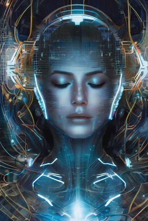  A floating bionic woman is surrounded by a digital storm， Her face blends into the flow of bright data ， wearing a transparent holographic mask ， emits a serene blue glow ， showing mysterious codes and compositions on its surface ，Her eyes closed 。