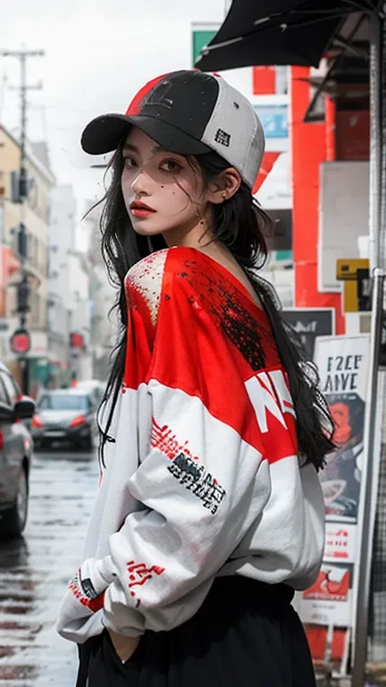 1 girl,Back splash, Red Paint Splatter Sweatshirt(black),Tattoos of the face and neck, One off-the-shoulder garment,Baseball cap,Alchemy Laboratory,The mystery of the unknown,Put your hands in your pockets,Random colorful long hair,Shoulder-length hair,bla...