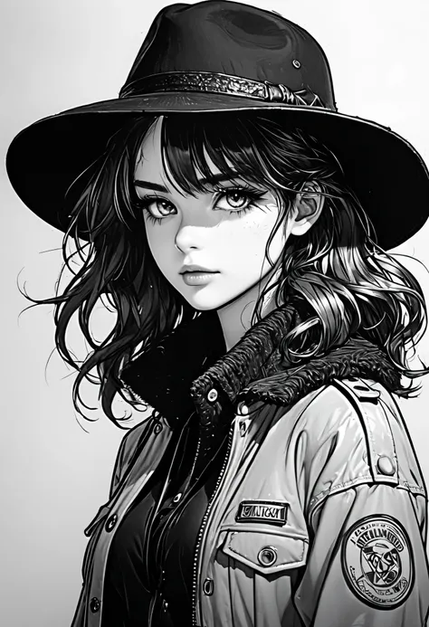 a drawing of a girl with a hat and a jacket, extremely fine ink lineart, intense line art, bold lineart, clean lineart, beautiful line art, perfect lineart, thick black lineart, detailed manga style, thick line art, thick lineart, line art colouring page, ...