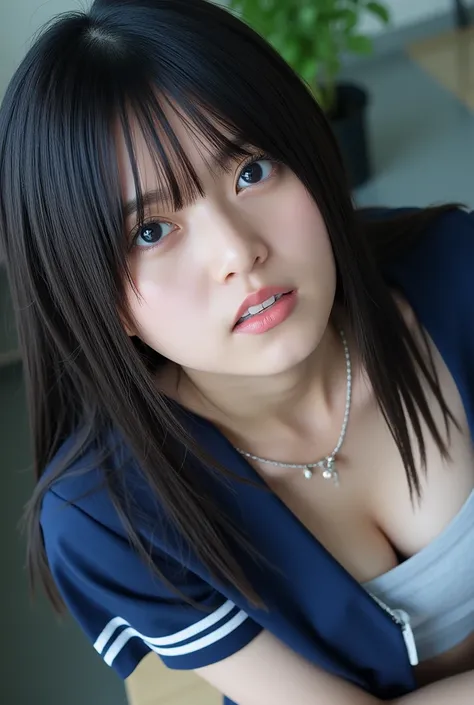 skirt with school uniform Abusive reproductive act with white water soaked face body legs neat Japanese beauty teenager aroused girl beautiful pure skin black hair straight short cut hair style small face modest and thin upper lip looking up and blow job w...