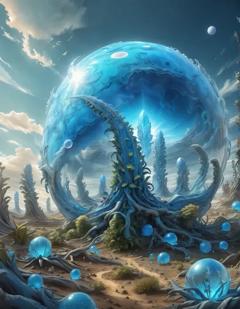 realistic large format photos in RAW format , Imagining Alien Scenery , if there was a soft planet made of transparent photosensitive gel in the distance , You can see shade , softgel plains and hills , strange alien trees and shrubs in the shape...