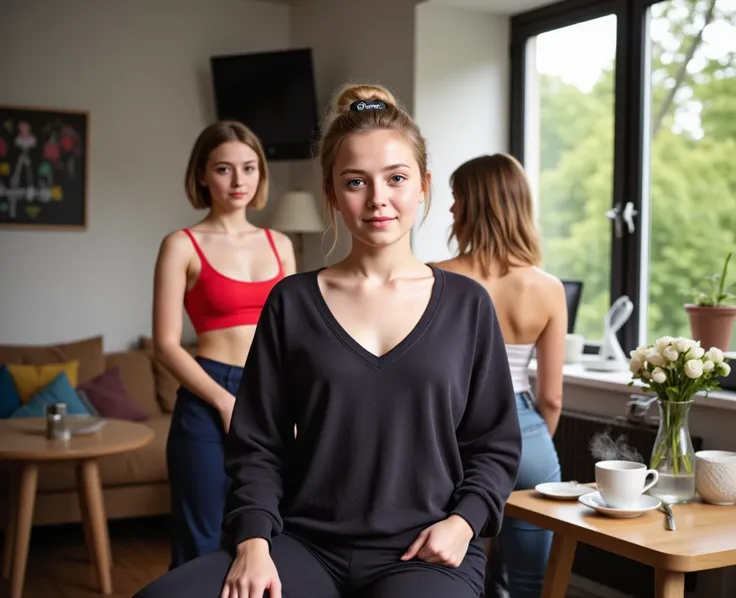  masterpiece, waiting for the audition, Selfie, In a modern camming studio, A sixteen-year-old girl stands in the middle.  She has light blond hair. Pale white skin, (realistic hair structure :1.2), low bun Hairstyle. she has a round face. A short neck and...