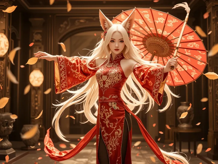 A beautiful and elegant female dancer with long, flowing platinum-blonde hair, adorned with fox-like ears. She wears a stunning red and gold traditional outfit inspired by ancient Chinese aesthetics, designed for both grace and agility. Her outfit consists...