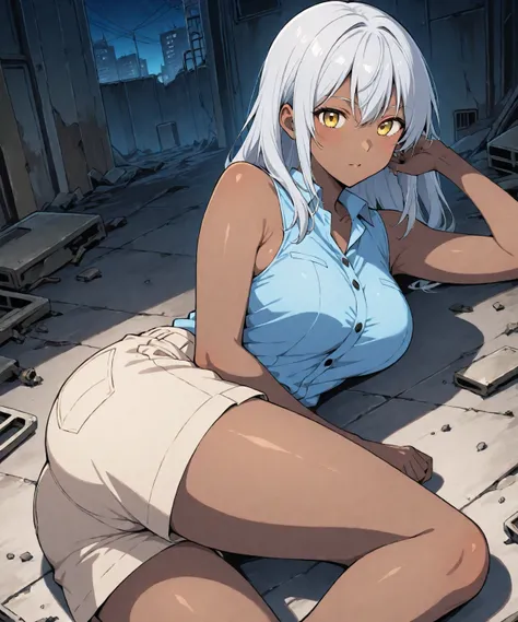 rear view of a Brown skin beautiful sexy anime girl with long silver hair & yellow eyes, wearing blue sleeveless button up collared shirt & beige khaki shorts, laying on her stomach inside of a abandoned urban factory in a dark night sky, 1girl, solo