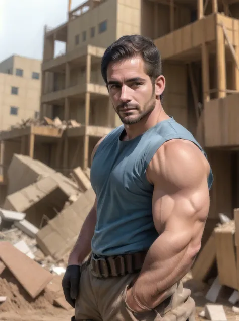  Beautiful face,Man&#39;s face, naked,  equipment package  ,daring  ,bulto,
  photo of a construction worker  ,  on a dusty construction site with piles of debris and unfinished buildings in the distance,Standing, Looking At The Spectator , front visor, fa...