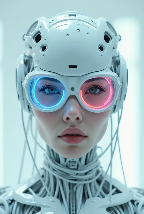  woman, a white robot of Asian realistic appearance, all wrapped in white wires and iron wires,  aluminum elements on the face with neon transparent glasses, with neon elements in face-futuristic and futuristic clothing, cyberpunk style  