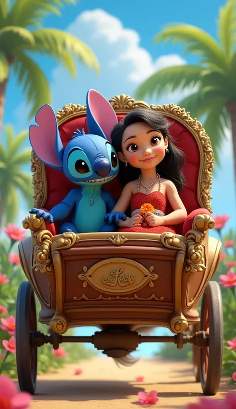 Stitch and Lilo characters sitting in a horse carriage 