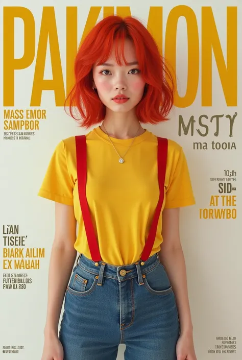 Create the cover of the fashion magazine Misty de Pokémon real woman hyperrealism Hyperrealism as the protagonist of the cover and with background texts as if it were a real magazine.  outfit.  hyperrealism. Live action magazine.  yellow sleeveless t-shirt...