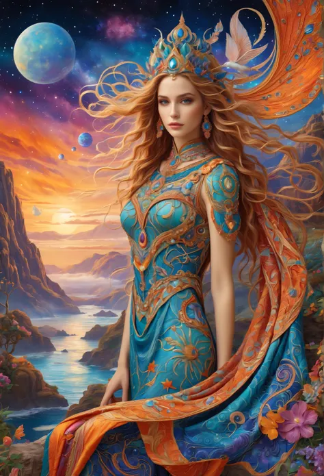 ( masterpiece,  top quality:1.2), Magical creatures from faraway Venus, Zentul,  intricate detail on the edge of the garment,  cosmic energy ,  dreamy landscape 