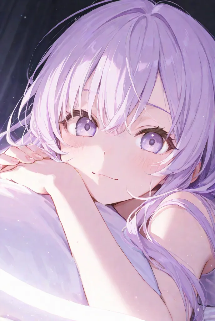 A girl with super long light purple hair and light purple eyes is relaxing