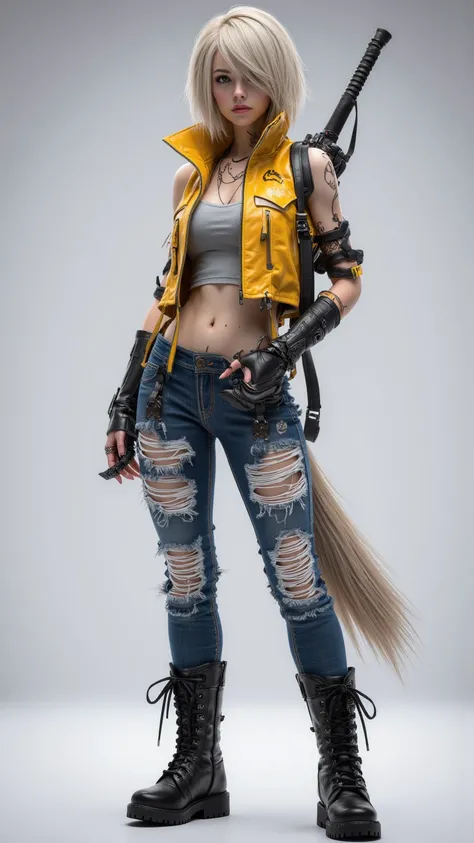  A Woman With Short Hair，Sharp eyes， Slim Body ，Dark leather boots， Yellow Short Vest ， Fox Face Style Leather ， Short Ponytail Hairstyle ， Ragged Jeans ， High Leather Boots With Lace Strap ， Single-handed Slot Strap ，Newsstand 