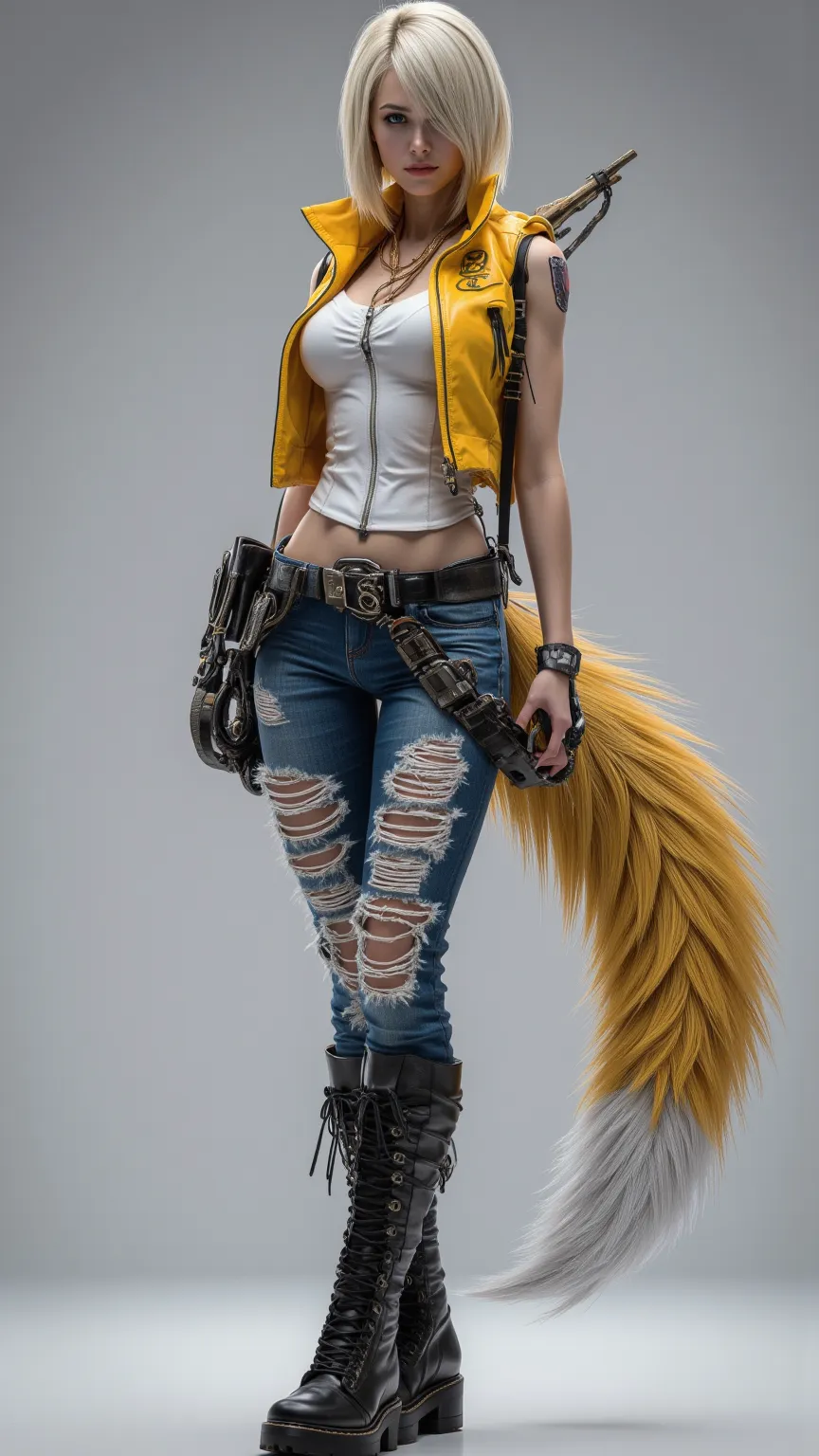  A Woman With Short Hair，Sharp eyes， Slim Body ，Dark leather boots， Yellow Short Vest ， Fox Face Style Leather ， Short Ponytail Hairstyle ， Ragged Jeans ， High Leather Boots With Lace Strap ， Single-handed Slot Strap ，Newsstand 