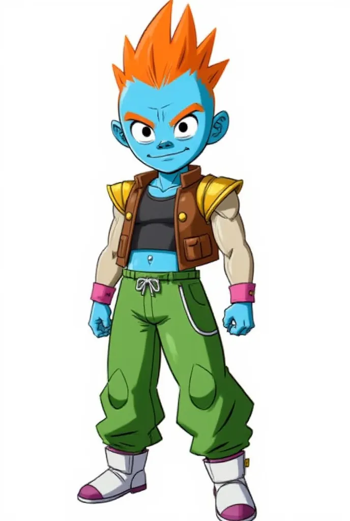 2D,Dragon Ball Z type character, with blue skin, orange hair, a mohawk haircut, green pants, she has Brown blouse,with gold shoulder pads, long ears, no shirt, she has strong body, short stature, white and purple shoes.

