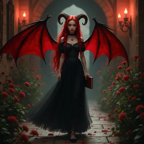 pale white skin, young woman age 20, with long red royal hair wearing glasses,  beautifully black dress vampire. walking in the castle hallway red candle red aura light wall art frame herbs and flowers, realistic 4k, gentle smile, long ears, large red vamp...