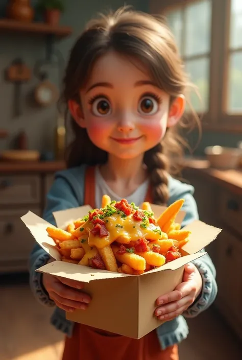 Girl holding a chicken loaded fries in a craft box from hands like presenting to someone