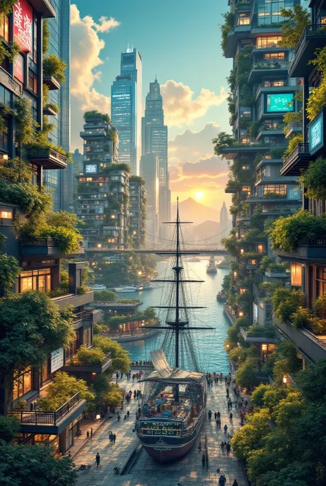 A stunning fusion of traditional Yokohama Ukiyo-e art and a futuristic eco-city. The scene showcases Edo-period wooden ships and bustling harbor life blending seamlessly with towering green skyscrapers covered in lush vertical gardens. The streets are illu...