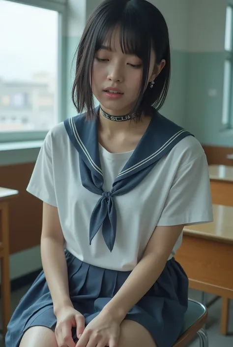 skirt with school uniform Abusive reproductive act with white water soaked face body legs neat Japanese beauty teenager aroused girl beautiful pure skin black hair straight short cut hair style small face modest and thin upper lip looking up and blow job w...