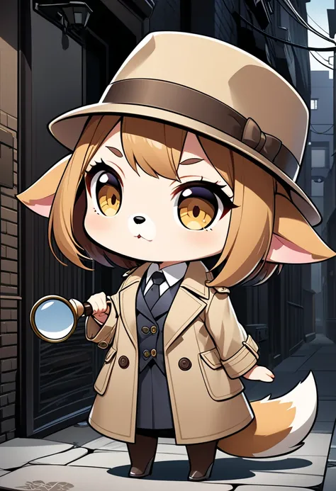 Create a highly detailed chibi-style illustration of a cool anthropomorphic female dog detective, She should have exaggerated canine features such as large pointed ears a fluffy tail and a snout, Her fur should be sleek and well-groomed with simple yet eff...