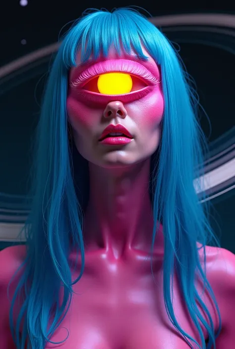 ultra-realistc,  woman with hot pink skin , Full yellow eye ,  blue hair,  in space with Saturn in the background 