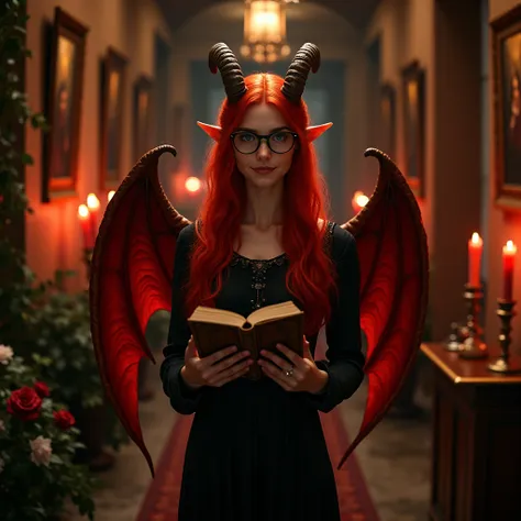 pale white European skin, young woman age 20, with long red royal hair wearing glasses, beautifully black dress vampire. walking in the castle hallway red candle red aura light wall art frame herbs and flowers, realistic 4k, gentle smile, long ears, large ...