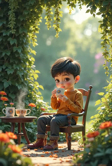 A boy is sitting in his garden and drinking tea.

