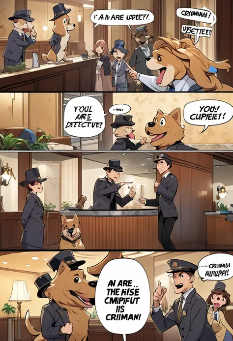 Animation, Comical, Artwork, 8K quality, Theme: "Dog Detective", An anthropomorphic dog is showing off his criminal skills in a hotel lobby, pointing his index finger at a beautiful woman, and the dog detective is pleased with his catchphrase: "You are the...