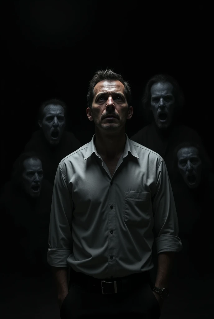 An image of a teacher who seems tense or terrified, on a dark black background, with four moving figures or dark shapes in the background, representing the four girls