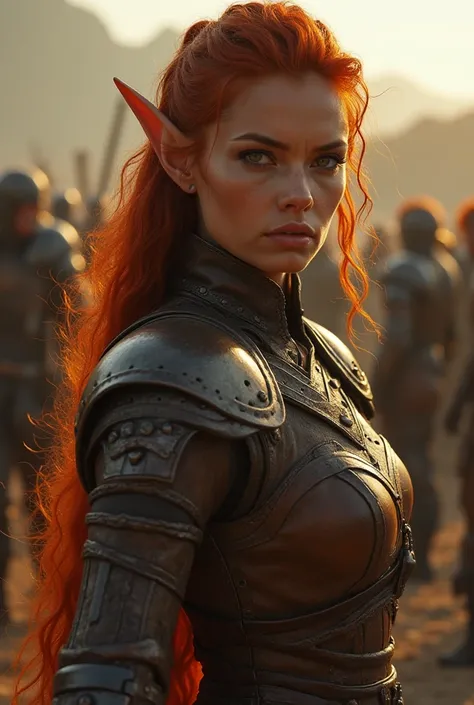 Upper body shot, North African woman, pointed elf ears, caramel skin, red hair, closed mouth, ancient elven leather armor, combat pose, dynamic pose, complex fantasy character, NSFW, cinematic lighting, fantasy, magic, detailed background, on a ravaged bat...