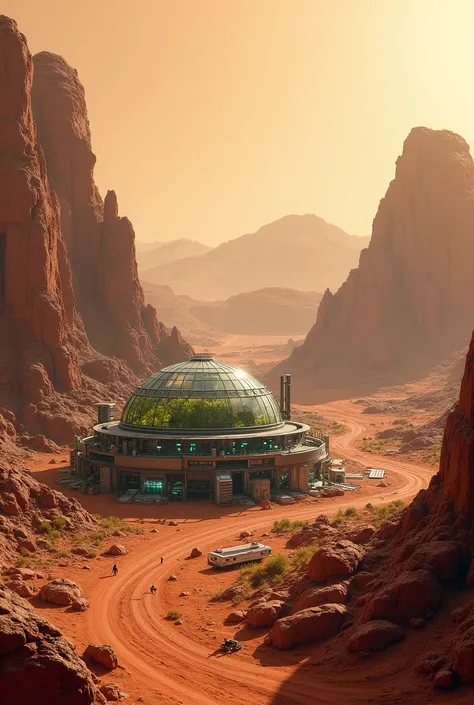 "A breathtaking landscape of planet Mars with a futuristic research station nestled in the rocky terrain. The station is a high-tech facility with metallic structures, solar panels, and antennas. A prominent feature is a large domed greenhouse with a trans...