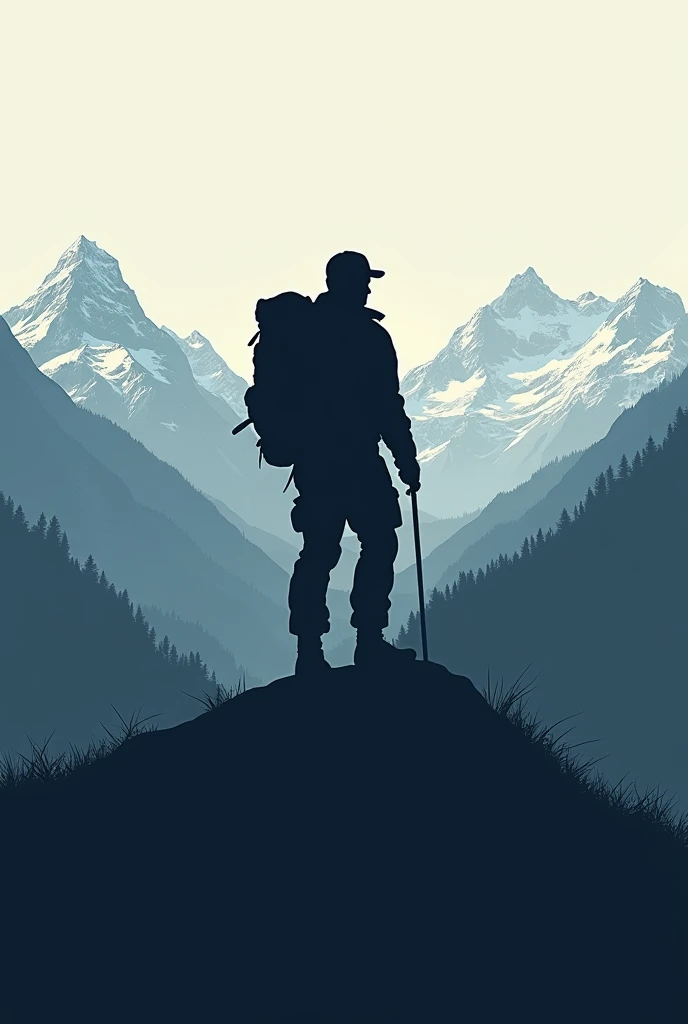  Silhouette of a plastun with a backpack on the background of the Pyrenees and the Carpathians, connected in one line .