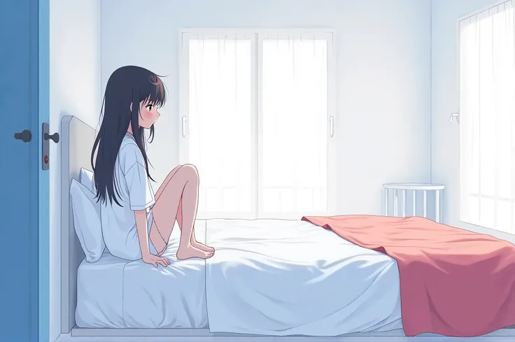 anime style, minimalistic female room, bed in the middle, white, blue, red shades, girl sitting on the corner of the bed  