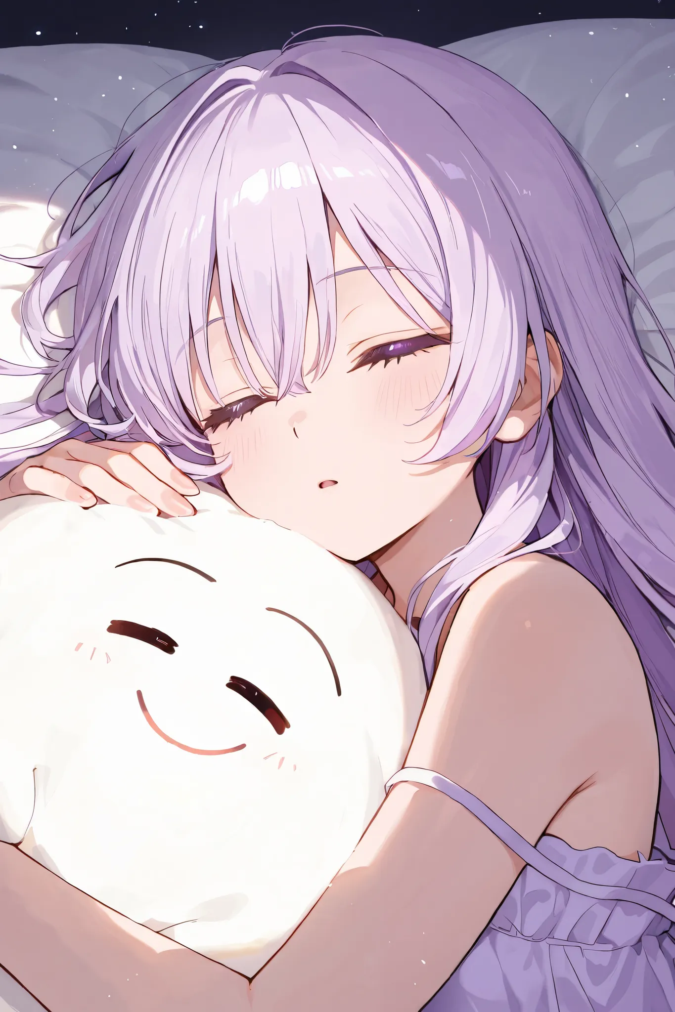 Girl with super long light purple hair and light purple eyes relaxing, sleeping together, kind face