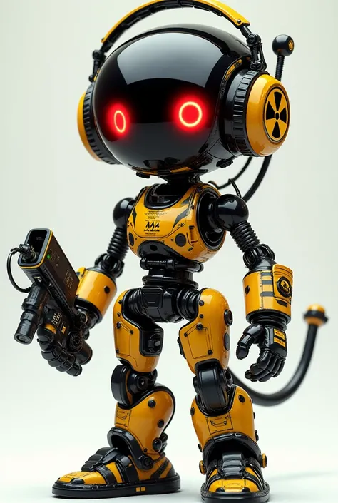 "A highly detailed futuristic humanoid robot with a black and yellow hazard-striped design, glowing red eyes, mechanical joints and tubing, holding a high-tech device with a radiation warning symbol. The robot has intricate mechanical components, headphone...