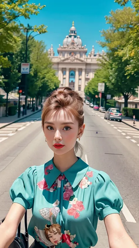  " Transform Audrey Hepburn into a stunning AI-generated cartoon.  recreate her iconic look from breakfast at Tiffany's , Set against a Roman summer backdrop . Add a stylish blouse that envelops the hot July air .  firmly captures Audrey's timeless charm i...