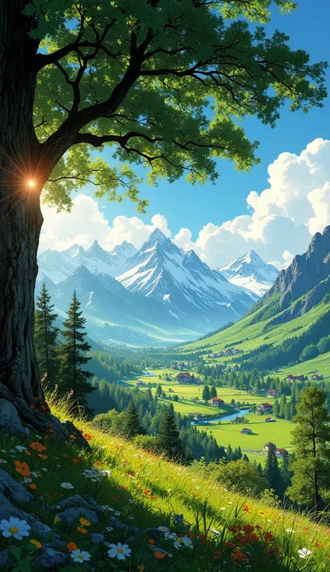 "A breathtaking fantasy landscape viewed from a slightly low-angle perspective, capturing a vast, sunlit valley. The foreground features a gentle hillside covered in colorful wildflowers, with a massive tree on the left, its lush green leaves casting dappl...