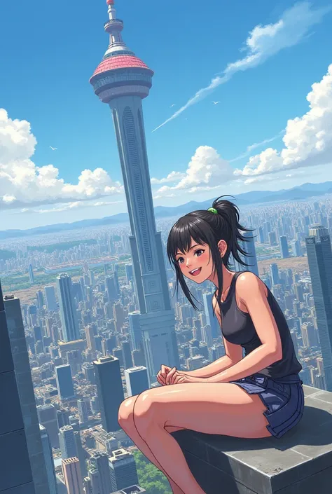 1girl, jessie (Brawl stars), [artist:unknown2410p], year 2024, giantess, city, destruction, namsan tower, building, from below, looking down, sitting, hands in knees, barefoot, laughing, sweat soggy, heavy breathing, shiny skin, sky, contrail, cloud, {best...