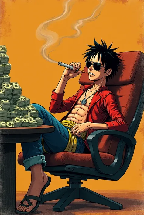 This is a stylized side view illustration of luffy  sitting back in a chair, wearing sunglasses smoking a cigarette, and He’s making a phone call with a confident and  looking relaxed while resting its feet on a table stacked high with bundles of cash. Luf...