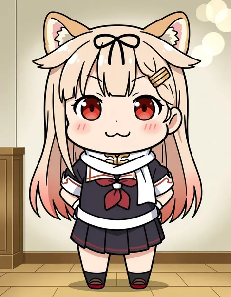 shiba inu girl, solo, dog ears, (shiba inu body:1.2), yuudachi kai ni \(kancolle\), chibi, . ., :3, standing, full_body, looking at viewer, anime_screencap, bokeh, masterpiece, best quality, perfect anatomy, very aesthetic, amazing quality, high resolution...