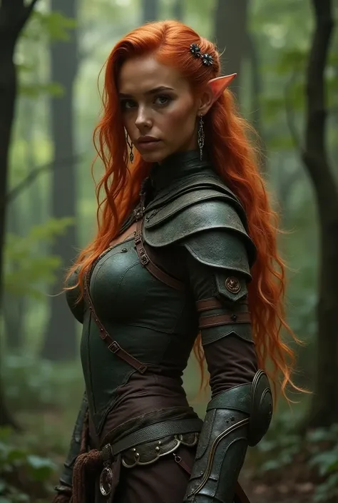 Close-up, North African woman, pointed elf ears, caramel skin, red hair, closed mouth, ancient forest elven armor, combat pose, dynamic pose, complex fantasy character, NSFW, cinematic lighting, fantasy, magic, detailed background, in a dense and ancient f...