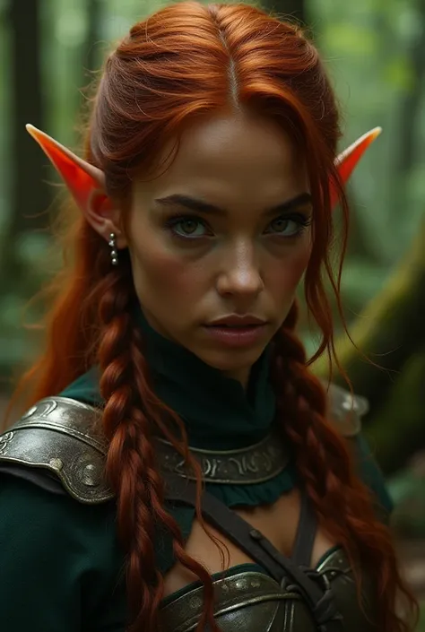 Close-up, North African woman, pointed elf ears, caramel skin, red hair, closed mouth, ancient forest elven armor, combat pose, dynamic pose, complex fantasy character, NSFW, cinematic lighting, fantasy, magic, detailed background, in a dense and ancient f...