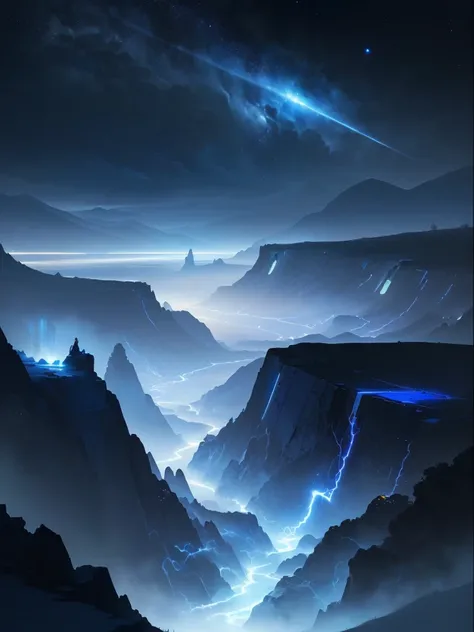 Jessica rossier color scheme, Bright, Bold Colors, "TRON: Legacy" landscape vibe, dark blue storm clouds, light blue lightning from the clouds, blue river, river to the horizon, electrified river, light blue lightning from the river, space sky, stars in th...